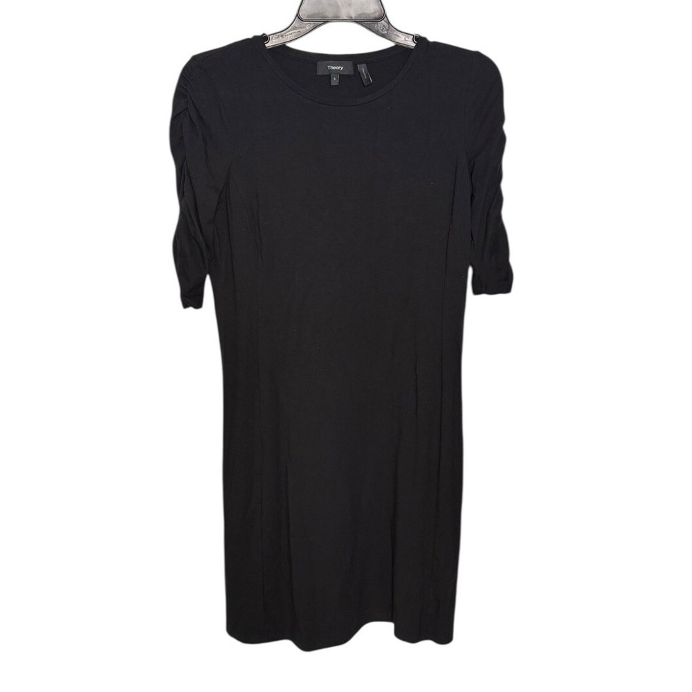 Theory Black Shift Dress Ruched 1/2 Sleeves Size Small Career Minimalist Capsule